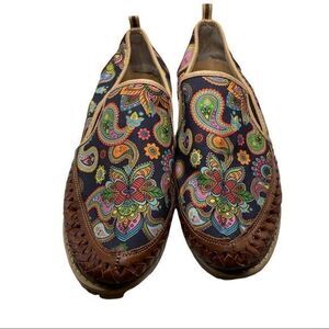 Kwarachi Floral Paisley Pattern Fabric Faux Leather Slip-on Round Toe Loafers‎